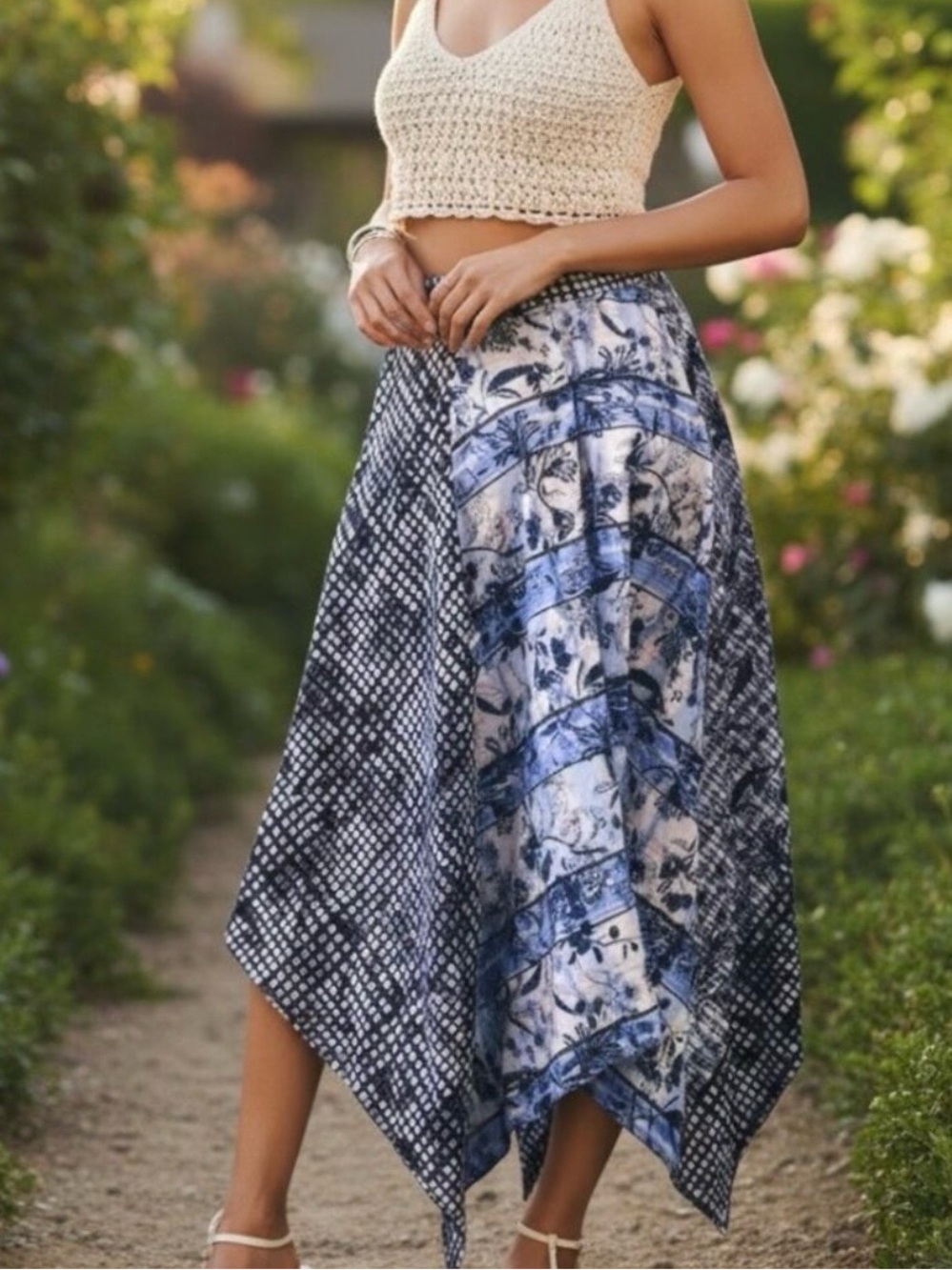 NWOT Anthropologie Pilcro Blue Floral Patchwork Handkerchief-Hem Skirt